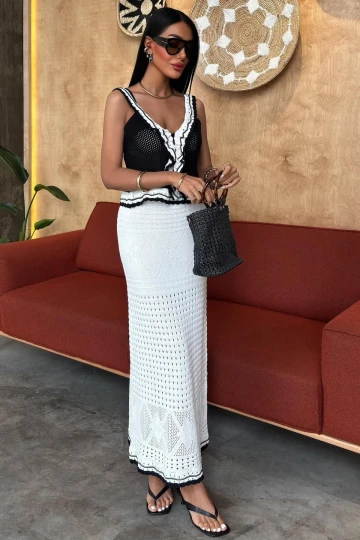 Kadın Siyah Desenli Uzun Örme Kolsuz Takım