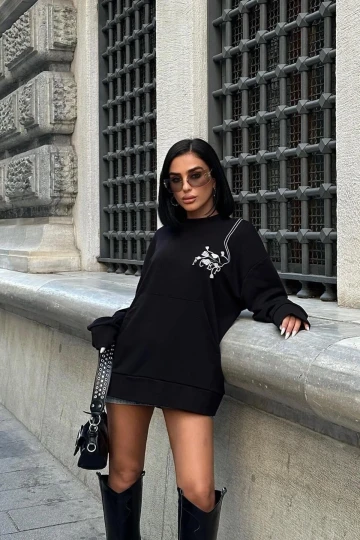 Kadın Siyah Dokuma Oversize Uzun Kollu Sweatshirt