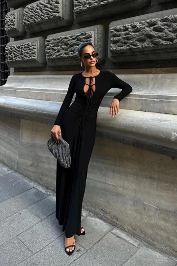 Kadın Siyah Dokuma Uzun Bisiklet Yaka Elbise