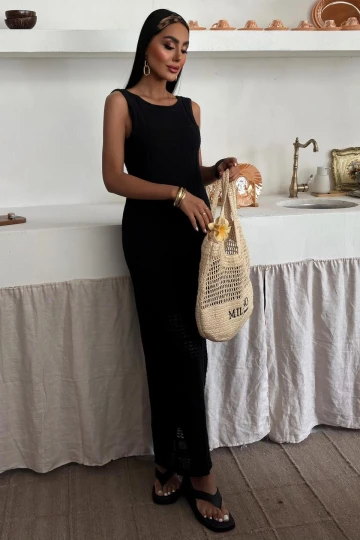 Kadın Siyah Düz Dokuma Kolsuz Uzun Elbise