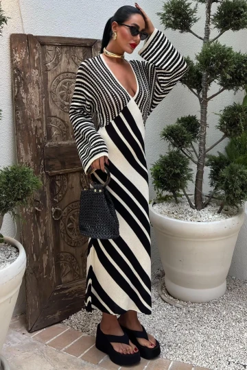 Kadın Siyah Ekru Örme Balon Kol Uzun Elbise