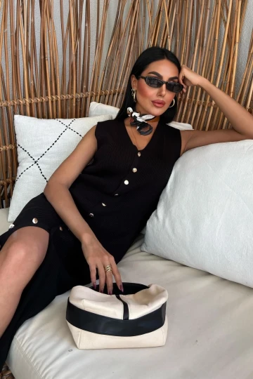 Kadın Siyah Fitilli Kolsuz Uzun Örme Elbise