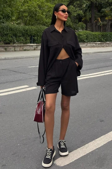 Kadın Siyah Flamlı Keten Düz Gömlek ve Şort Takım