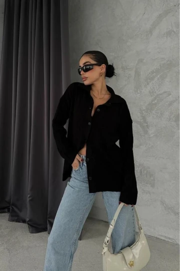 Kadın Siyah Gabardin Pamuklu Kısa Ceket