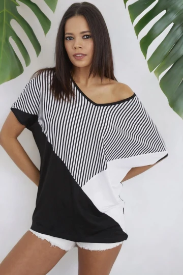 Kadın Siyah Kayık Yakalı, Kısa Kol, Renk Bloklu, Kaliteli Kumaş Oversize Kesim, Standart Boy Bluz