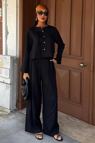 Kadın Siyah Keten Oversize İkili Takım