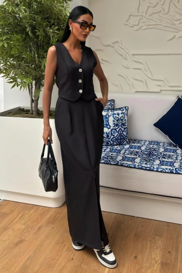 Kadın Siyah Keten V Yaka Kolsuz Takım