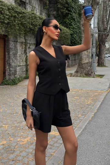 Kadın Siyah Keten Yelek Şort İkili Takım