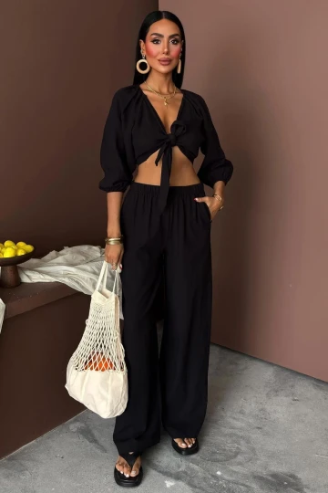 Kadın Siyah Kruvaze Keten Balon Kollu Uzun Takım