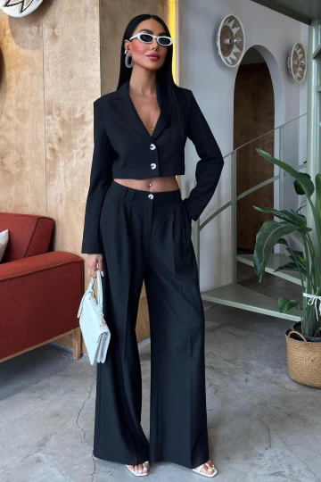 Kadın Siyah Kruvaze Pes Dokuma Crop Takım