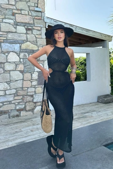 Kadın Siyah Örme Halter Yaka Uzun Elbise