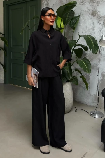 Kadın Siyah Pamuk Kendinden Kabartma Çizgili Uzun Takım