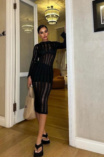 Kadın Siyah Pamuk Oversize Kroşe Midi Elbise