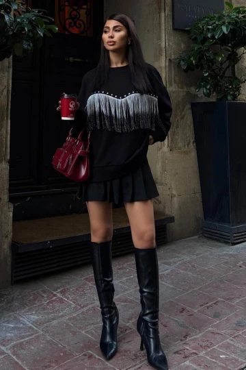 Kadın Siyah Pamuk Uzun Kol Sweatshirt