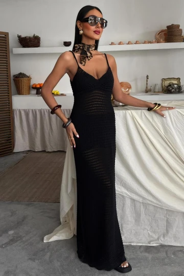 Kadın Siyah Pamuklu Askılı Uzun Elbise