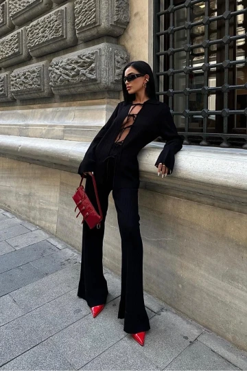 Kadın Siyah Polo Yaka Uzun Triko Takım