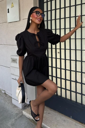 Kadın Siyah Poplin Fiyonk Balon Kollu Kısa Elbise