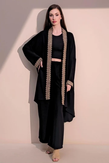 Kadın Siyah Şık Hasır Detaylı Kuşaklı Salaş Kimono - Tesettüre Uygun
