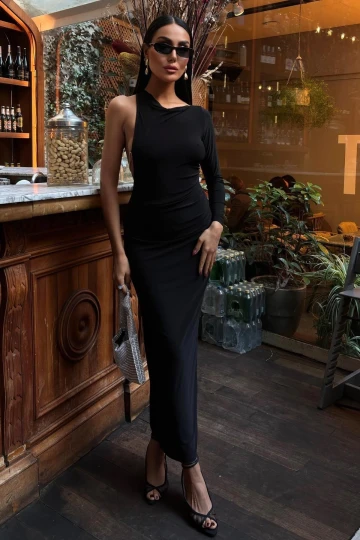 Kadın Siyah Tek Kol Candy Kumaş Uzun Elbise