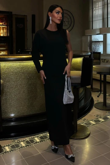 Kadın Siyah Uzun Dokuma Tek Kol Elbise