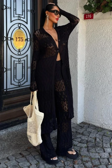 Kadın Siyah Viskon Dokuma Uzun Hırka Takım