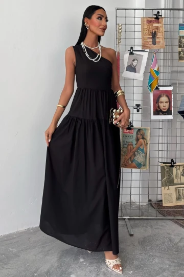 Kadın Siyah Wual Tek Omuzlu Maxi Elbise