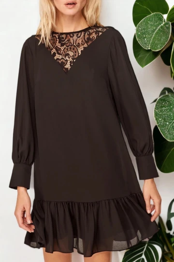 Kadın Siyah Yuvarlak Yaka Dantel Detaylı Uzun Kol ve Etek Ucu Volanlı Rahat Kesim Mini Kısa Elbise