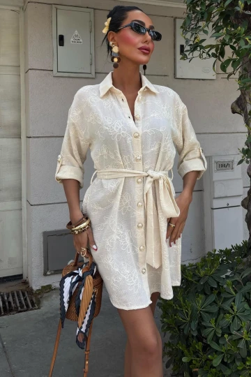 Kadın Taş Desenli Dokuma Uzun Polo Yaka Elbise