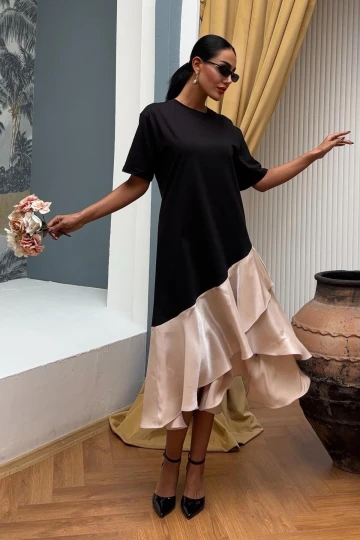 Kadın Taş Dokuma Midi Bisiklet Yaka Elbise