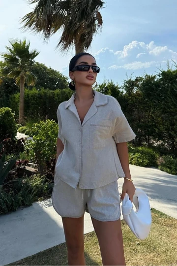 Kadın Taş Kruvaze Cotton Kısa Kol Dokuma İkili Takım