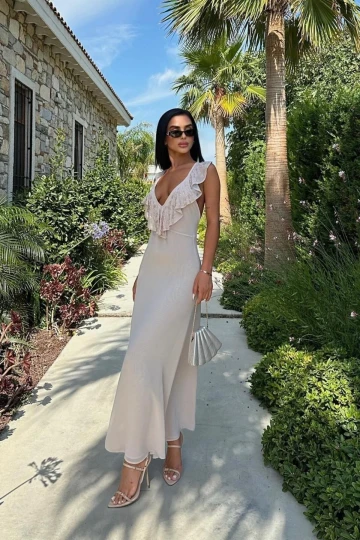 Kadın Taş Kruvaze Şifon Saten Uzun Elbise