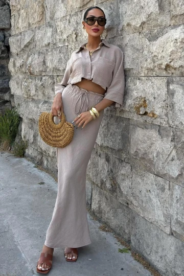 Kadın Vizon Keten Uzun Düz İkili Takım