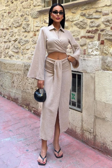 Kadın Vizon Keten Uzun Gömlek Yaka Takım