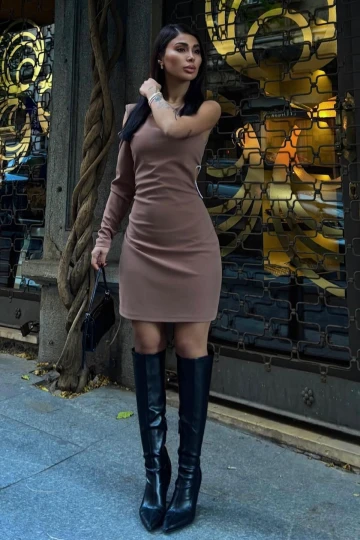 Kadın Vizon Taş Detaylı Dokuma Tek Kol Mini Elbise