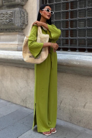 Kadın Yağ Yeşili Ayrobin Uzun Gömlek Pantolon Takım