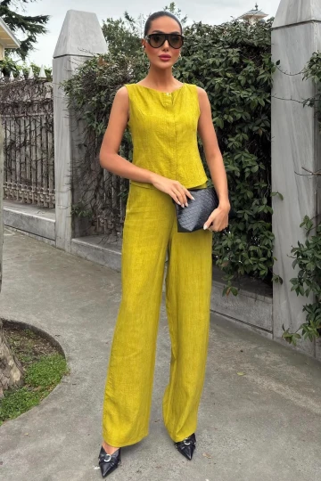 Kadın Yeşil Batik Desenli Kolsuz Uzun Dokuma Takım