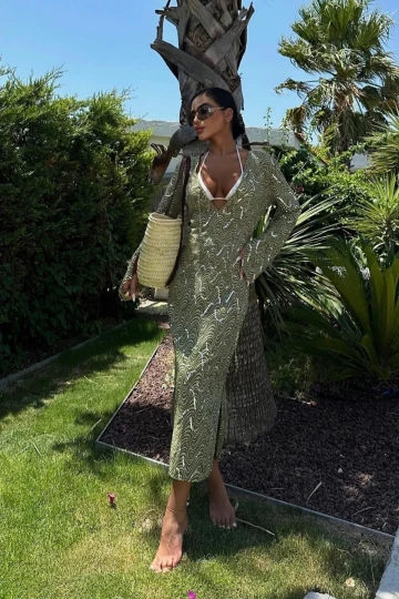 Kadın Yeşil Kruvaze Desenli Midi Elbise