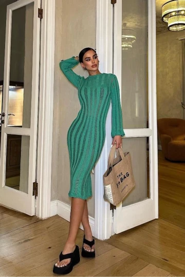 Kadın Yeşil Pamuk Örme Uzun Kollu Elbise