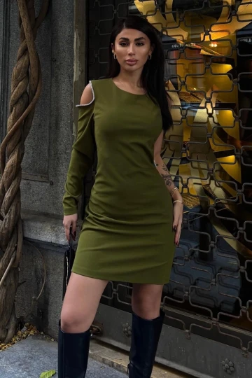 Kadın Yeşil Tek Kol Taşlı Dokuma Mini Elbise
