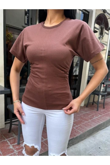 Kahve Viskon Doku Yandan Büzgülü Bluz