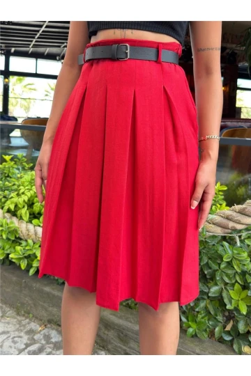 Kırmızı Pileli Kemerli Etek