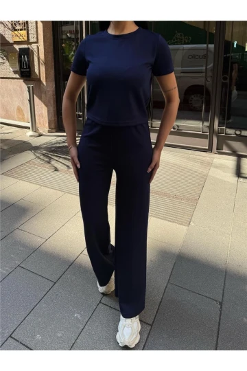 Lacivert Polyester Keten Palazzo Takım