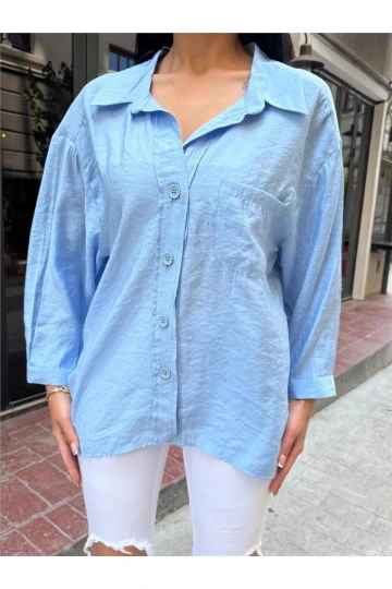 Mavi Pamuk Cepli Düşük Gömlek
