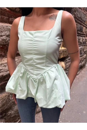 Mint Pamuk Polyester Kare Yaka Bluz