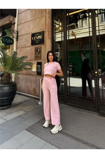 Pembe Modal Keten Dokulu Bisiklet Yaka Takım