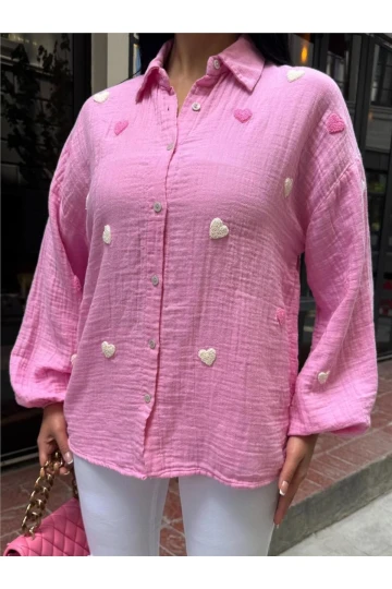Pembe Müslin Nakışlı Viskon Gömlek