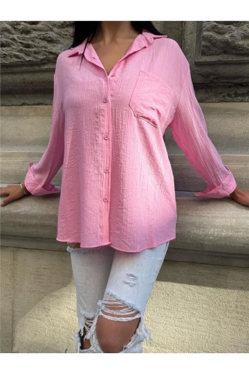 Pembe Oversize Kırışık %100 Polyester Gömlek