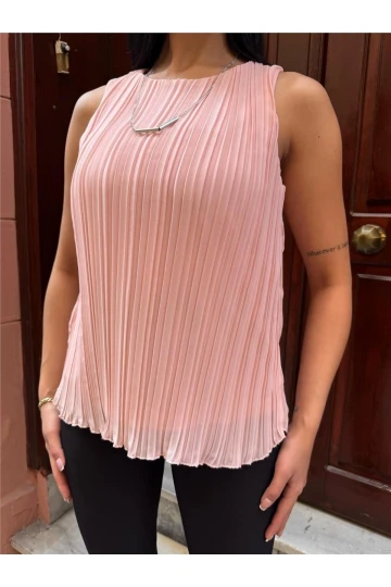Pudra Astarlı Pileli Kolsuz Bluz