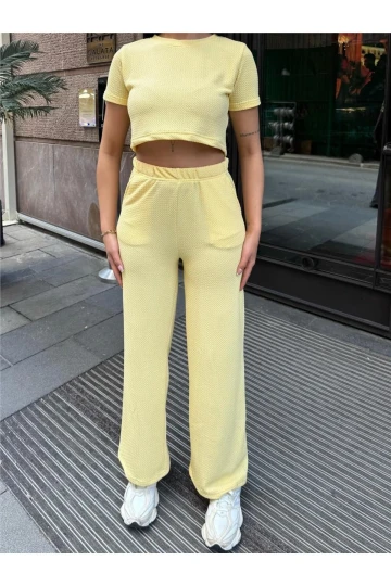 Sarı Modal Keten Desenli Bisiklet Yaka Takım