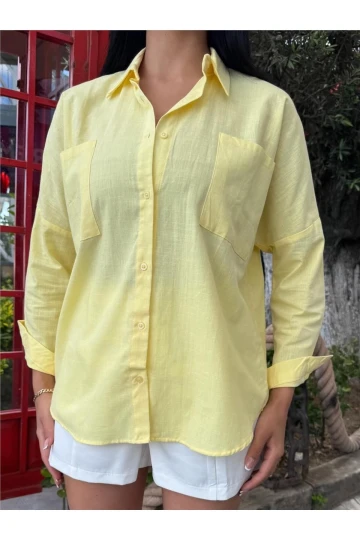 Sarı Oversize Cepli Pamuklu Polyester Gömlek